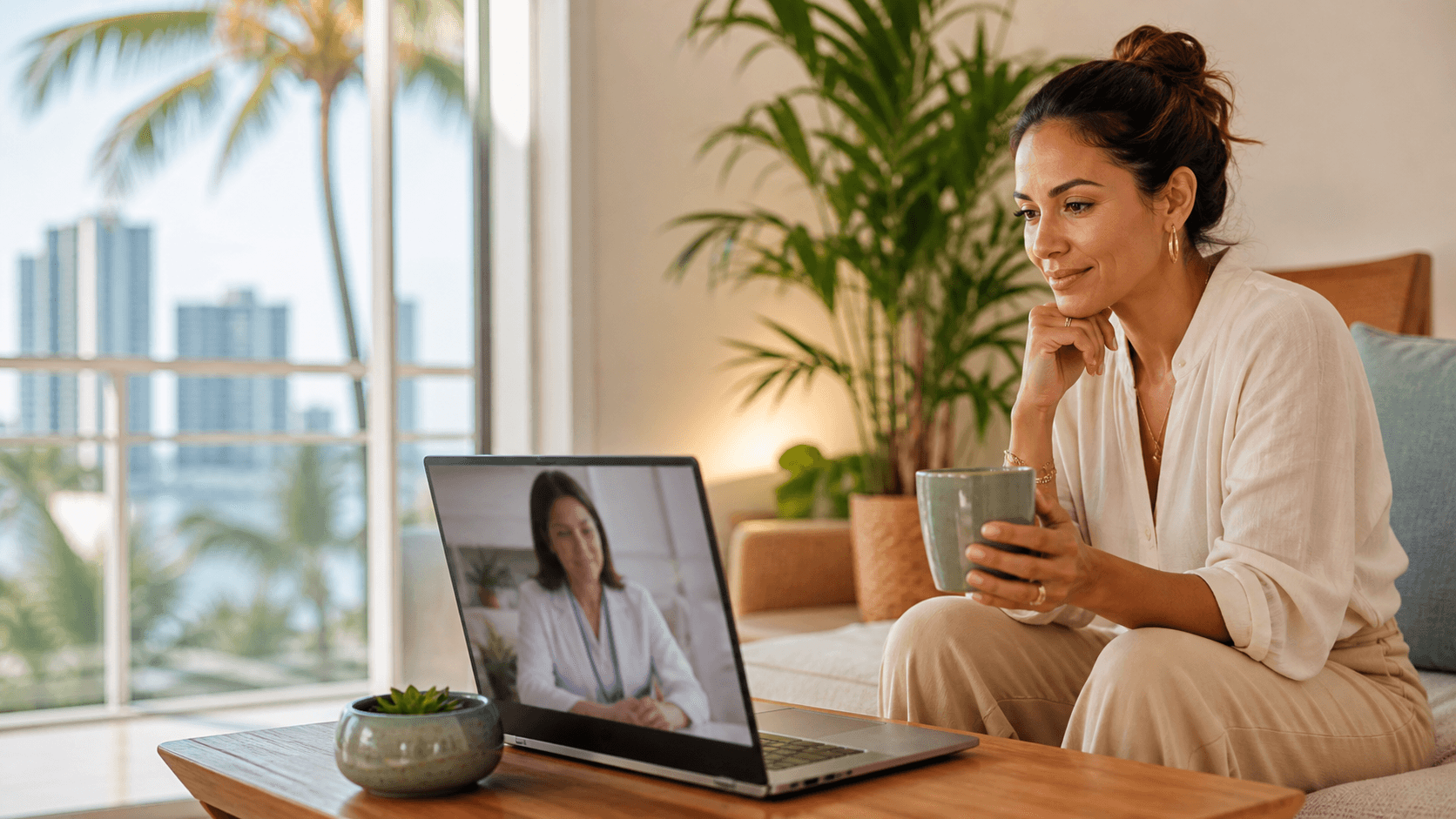 Woman in a bright home office speaks with a doctor on a laptop during a video appointment.