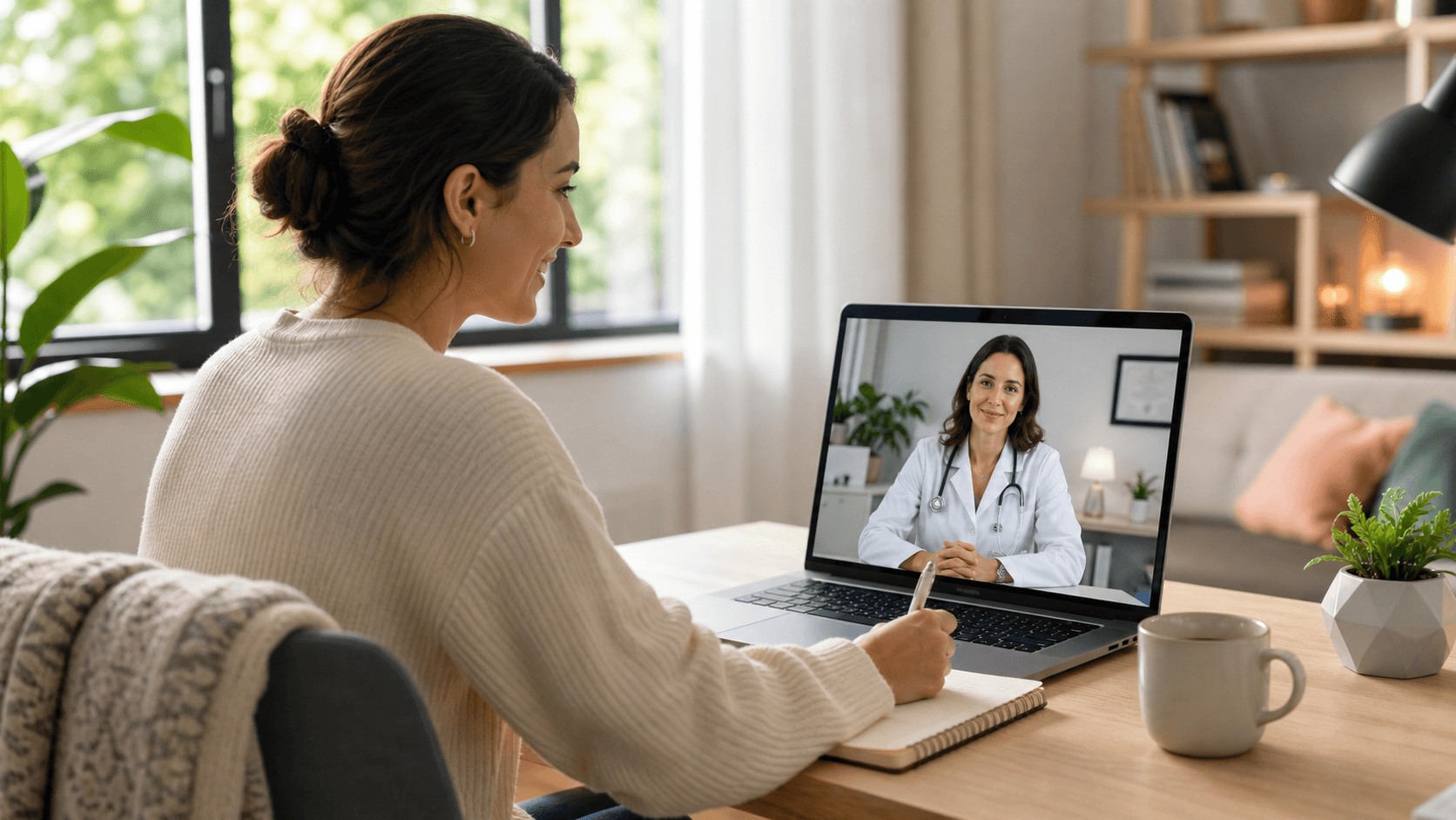 Laptop showing a video call with a doctor, with chat bubbles and a blue medical cross icon on a white background