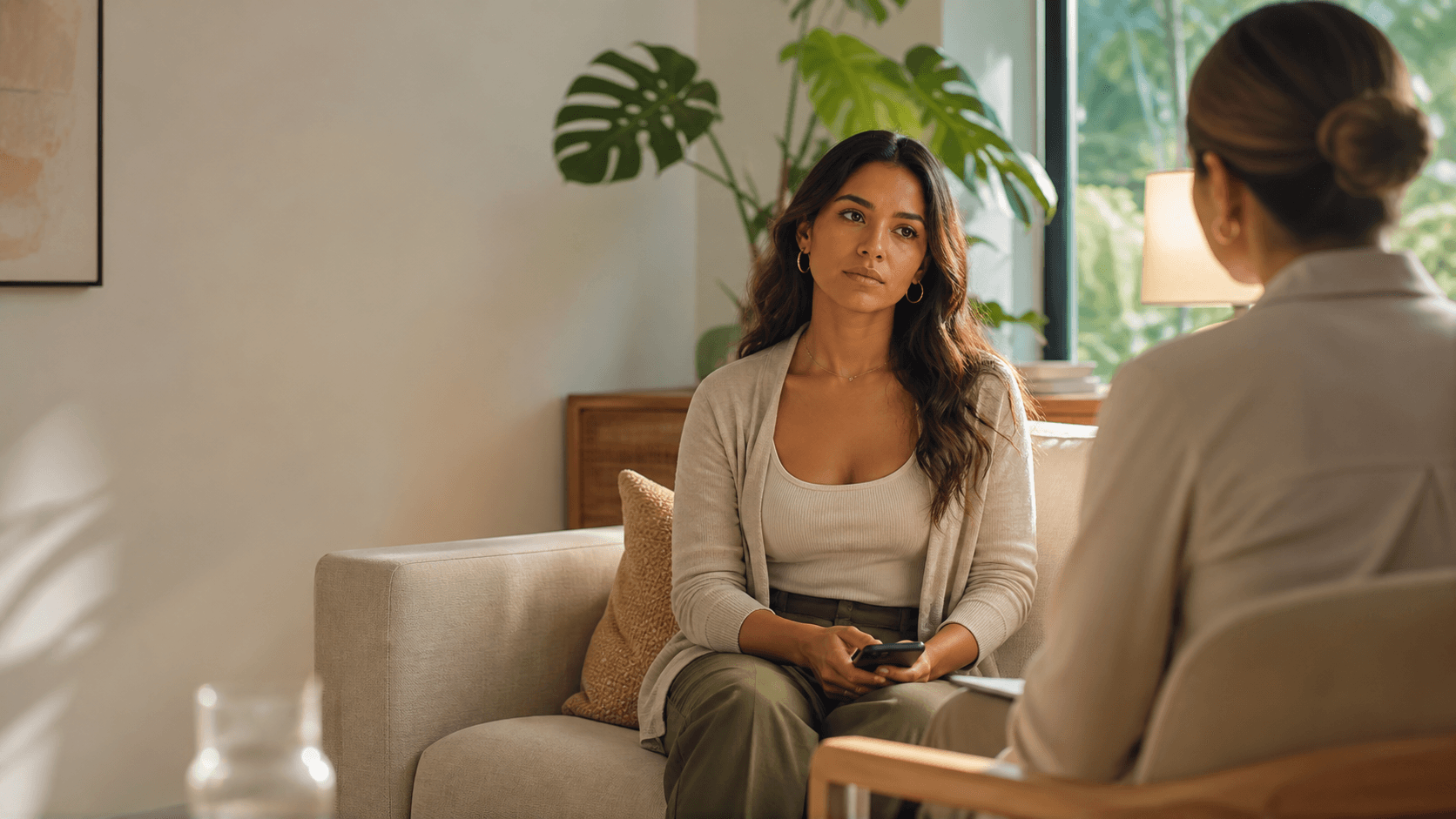 Concerned woman on a video call, lit by a laptop screen in a dim blue-toned room.
