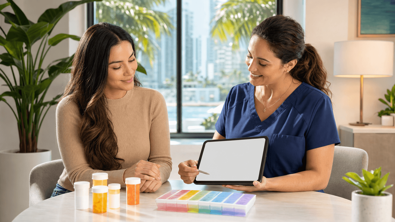 Sunlit Miami skyline beside a white pill organizer and prescription bottle on a clean blue desktop.