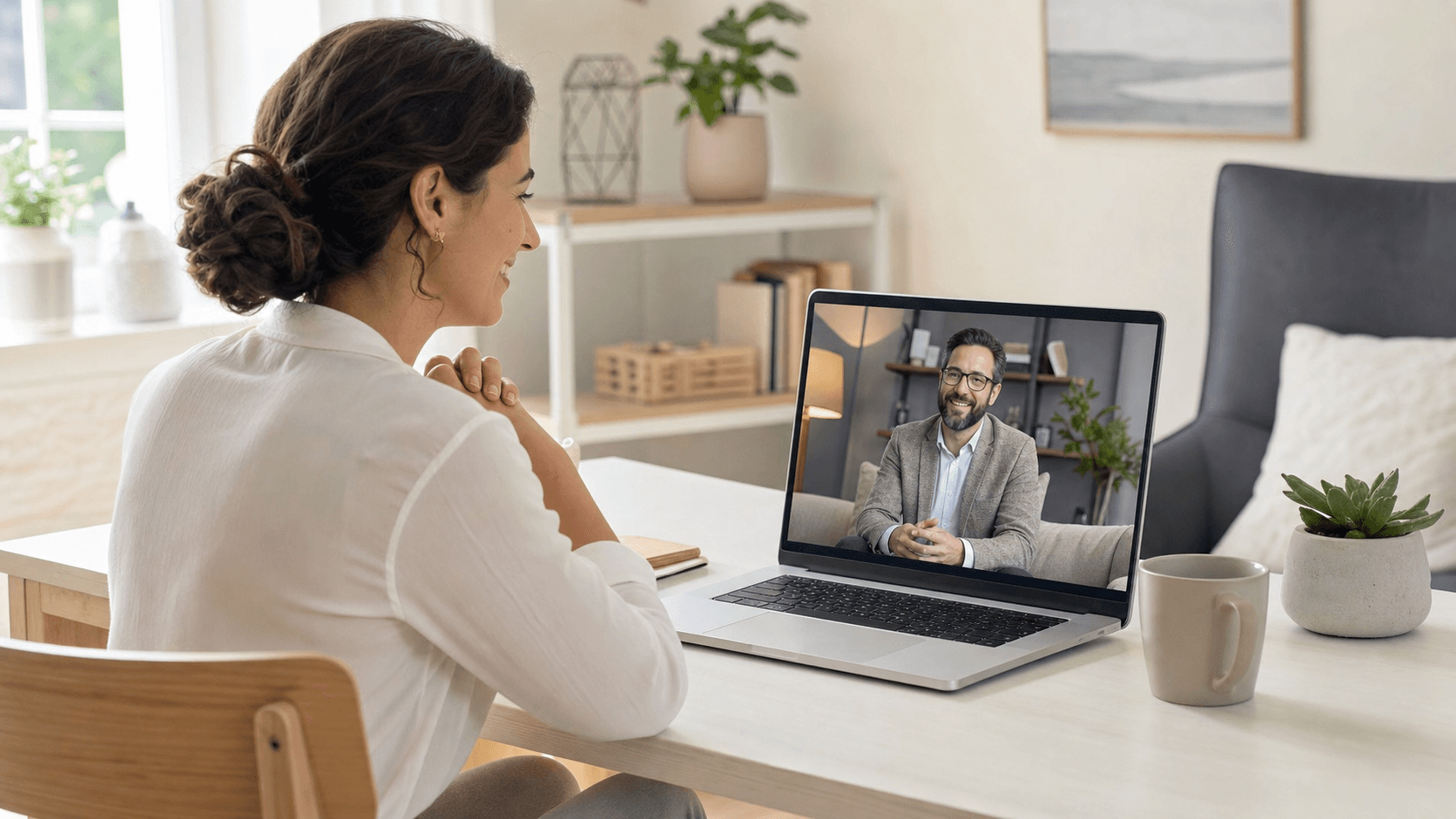 Split-screen illustration of a therapist video call on a laptop beside an empty waiting room chair, in cool blues