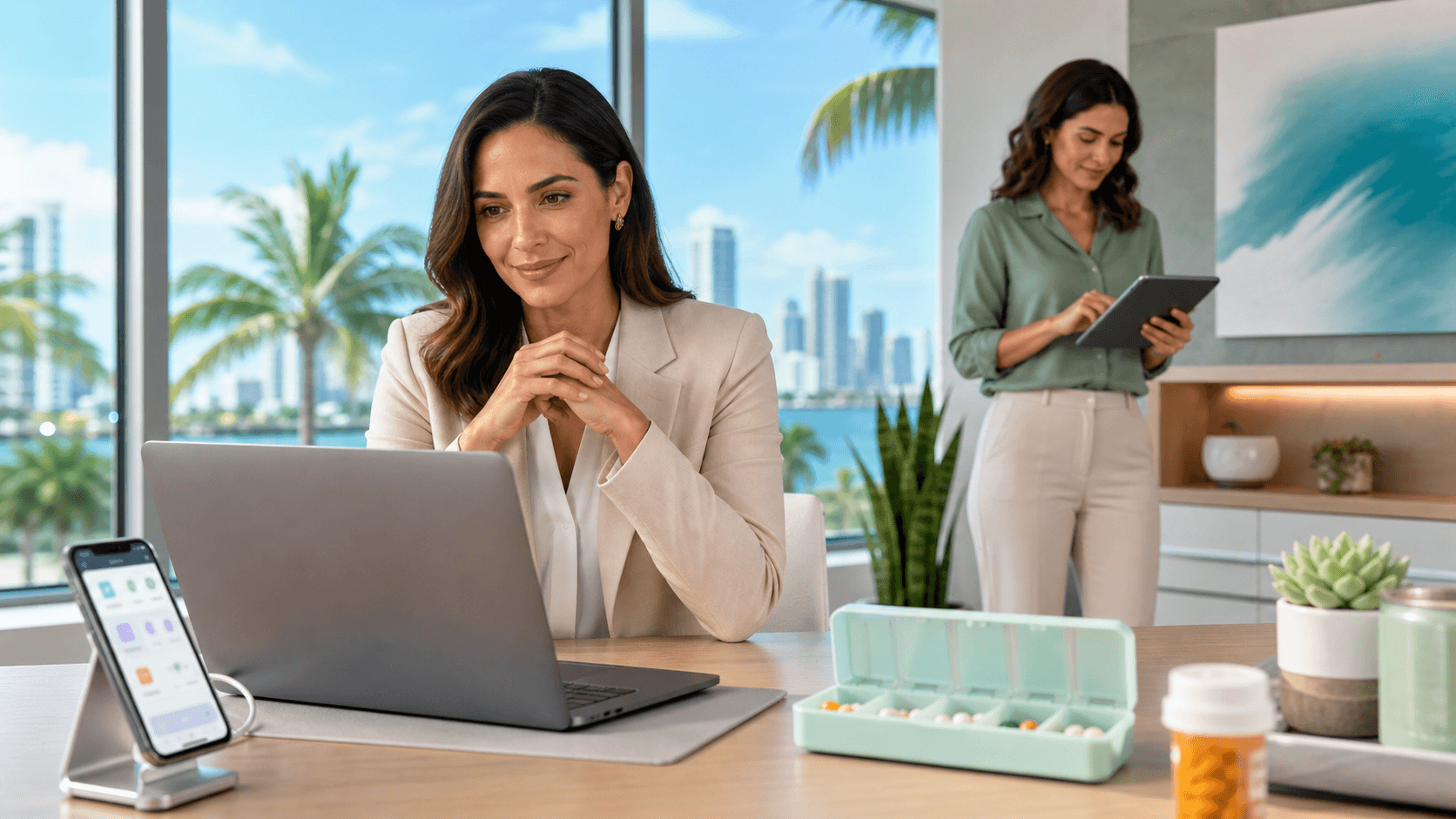 Doctor using a laptop beside pill bottles and a smartphone, with a sunny Miami skyline blurred in the background