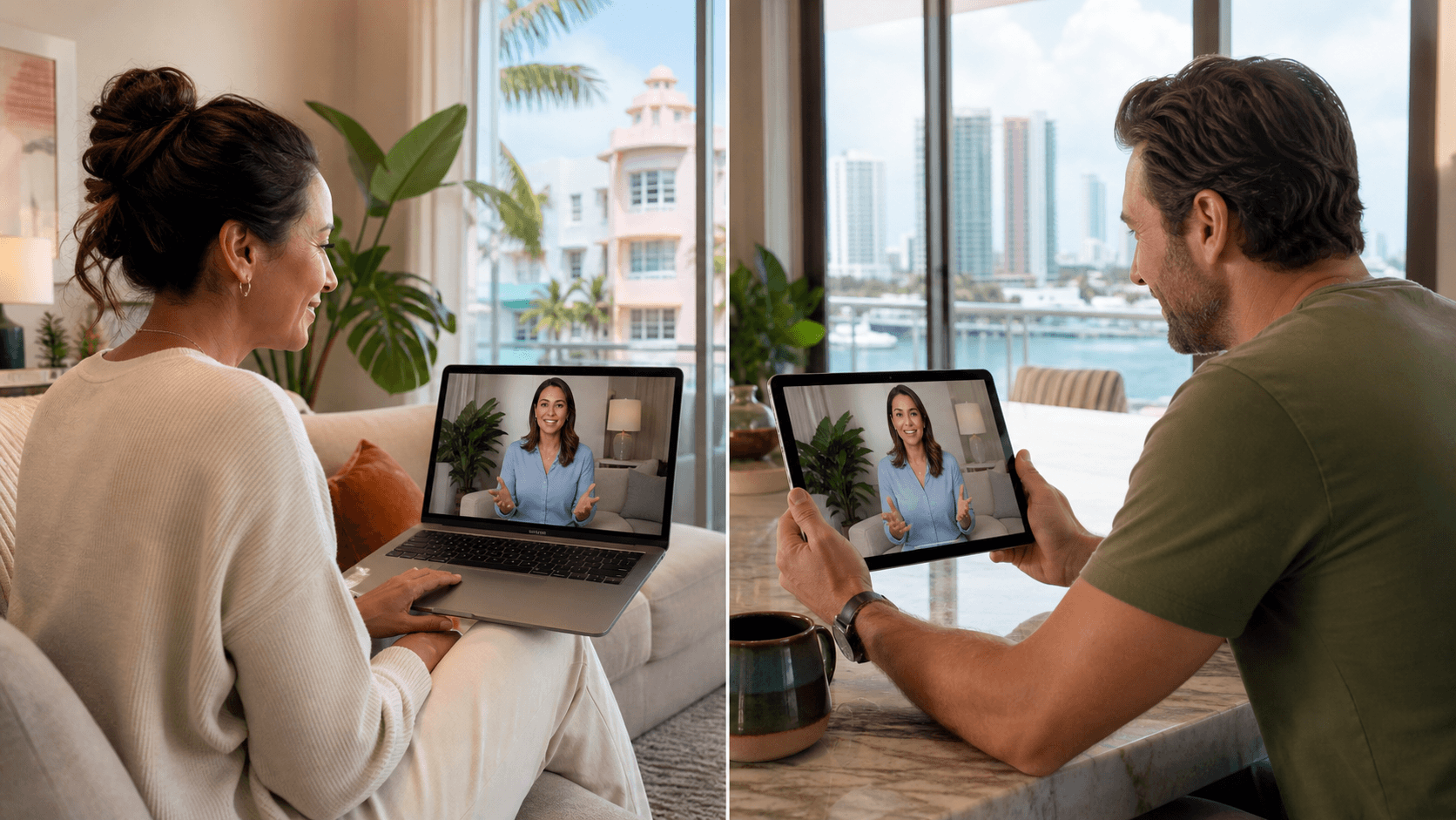 Split-screen laptop video call showing a therapist and two families in bright Miami-style living rooms, warm sunlight