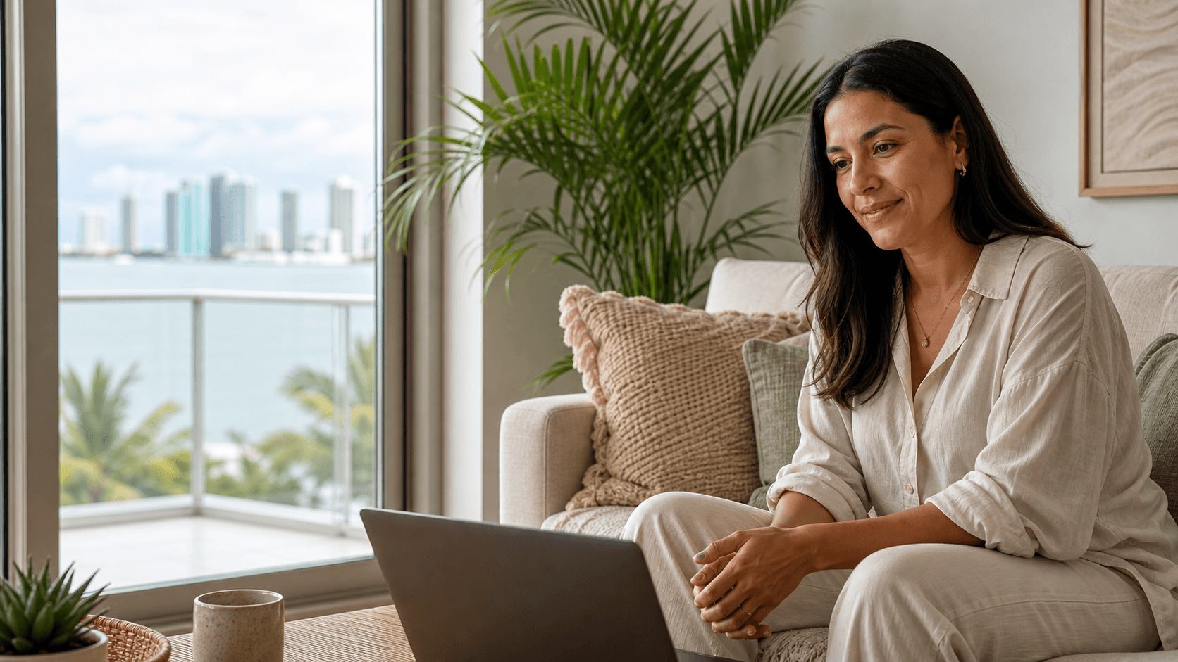 Miami family video chatting with a therapist on a laptop in a bright, modern living room with palm accents.