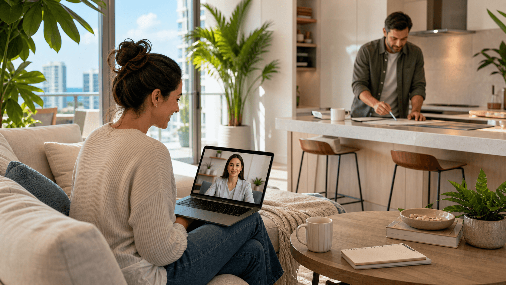Doctor on a laptop video call with a parent and teen on a couch, with soft pastel colors and city skyline backdrop.