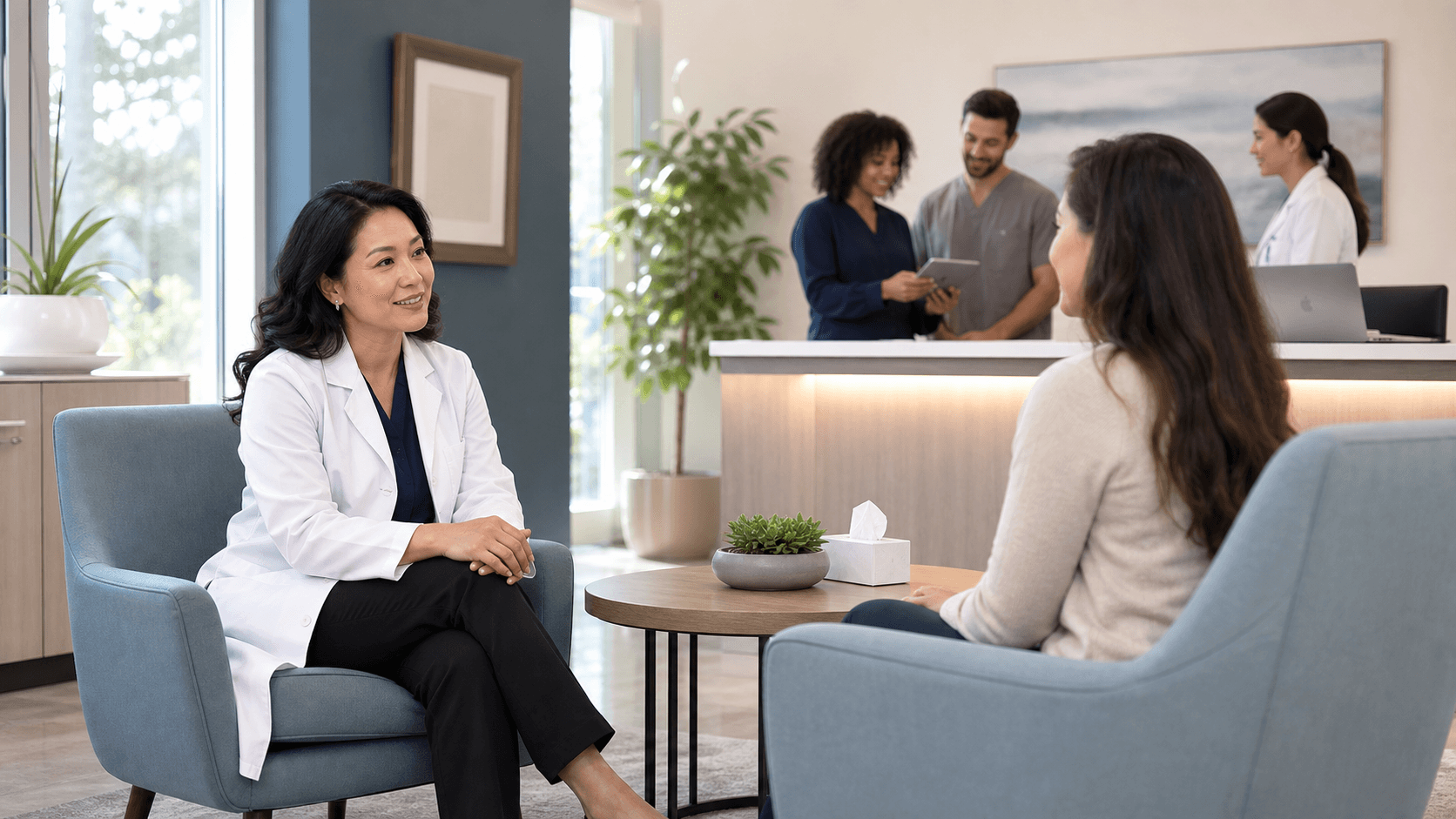 Psychiatrist in white coat reviewing a clipboard beside a brain diagram, in a clean, softly lit blue office.
